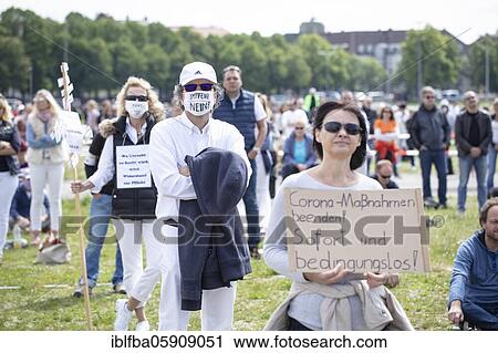 Stock Image - Demonstration against corona measures on 16 May 2020 at Theresienwiese, Munich, Bavaria, Germany, Europe. Fotosearch