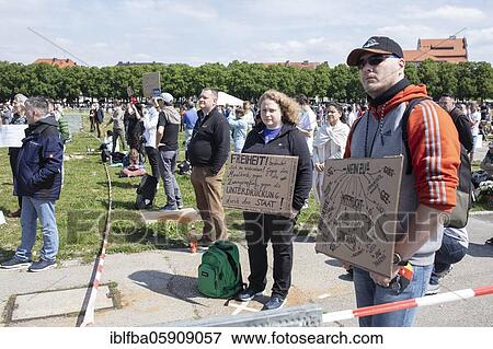 Stock Photo - Demonstration against corona measures on 16 May 2020 at Theresienwiese, Munich, Bavaria, Germany, Europe. Fotosearch