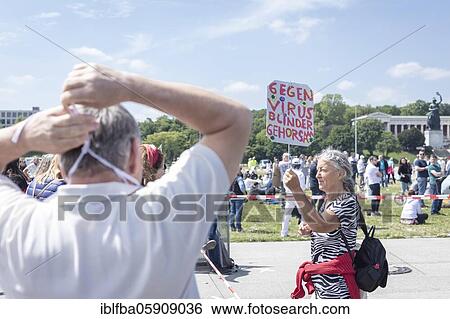 Stock Photograph - Demonstration against corona measures on 16 May 2020 at Theresienwiese, Munich, Bavaria, Germany, Europe. Fotosearch