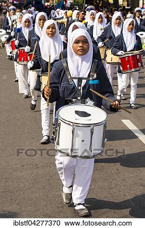 Stock Image - Drummers, National Day parade, Klaten, Central Java, Java Island, Indonesia, Asia. Fotosearch