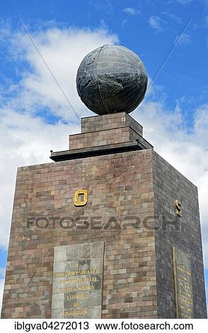Stock Image - Eastern and southern sides of the Equator Monument La Mitad del Mundo, center of the world, Ciudad Mitad del Mundo, San Antonio de Pichincha, Pichincha Province, Ecuador, South America. Fotosearch