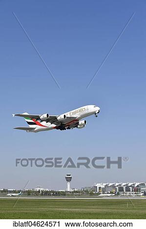 Emirates Airlines, Airbus A380-800, take-off, Runway South with Tower and Munich Airport Center, Munich Airport, Germany, Europe View Large Photo Image Stock Image - Emirates Airlines, Airbus A380-800, take-off, Runway South with Tower and Munich Airport Center, Munich Airport, Germany, Europe. Fotosearch