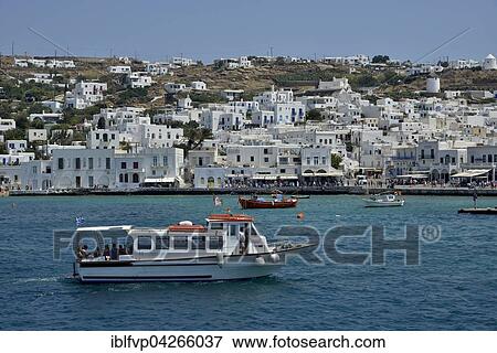 Excursion boat in the harbor of Mykonos Town or Chora, Mykonos, Cyclades, Greece, Europe View Large Photo Image Stock Photo - Excursion boat in the harbor of Mykonos Town or Chora, Mykonos, Cyclades, Greece, Europe. Fotosearch