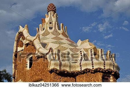 Stock Photograph - Fairytale House in Park Guell, roof, Barcelona, Catalonia, Spain, Europe. Fotosearch