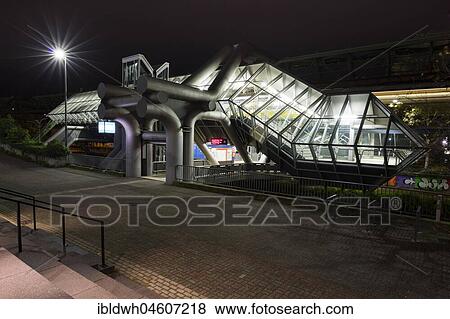 Floating railway station Ohligsmühle, civic hall, at night, Wuppertal, Bergisches Land, North Rhine-Westphalia, Germany, Europe View Large Photo Image Stock Photo - Floating railway station Ohligsmühle, civic hall, at night, Wuppertal, Bergisches Land, North Rhine-Westphalia, Germany, Europe. Fotosearch