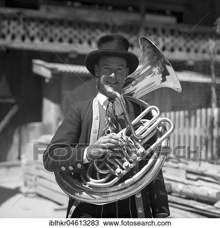 Stock Image - Folk music, brass instrument, ca. 1945 to 1955, surroundings of Freiburg, Germany, Europe. Fotosearch