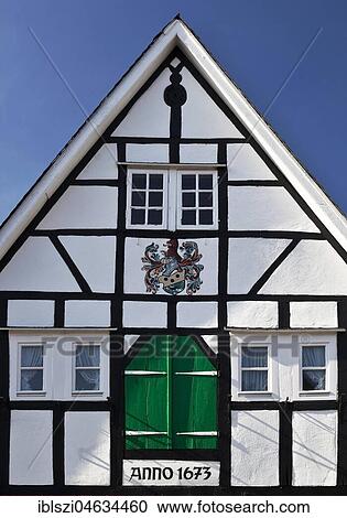 Stock Image - Gable, traditional half-timbered house in Burg, Solingen, Bergisches Land, North Rhine-Westphalia, Germany, Europe. Fotosearch
