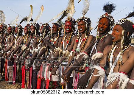 Stock Image - Gerewol festival, courtship ritual competition among the Woodaabe Fula people, Niger, Africa. Fotosearch