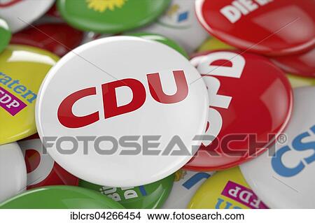 Picture - German political party CDU button in front between other governing party buttons. Fotosearch