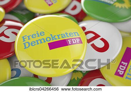 Stock Photograph - German political party FDP button in front between other governing party buttons. Fotosearch