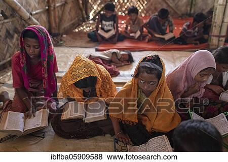 Girls reading in a madrasah, Koran school, camp for Rohingya refugees from Myanmar, Kutupalong, Cox Bazar, Bangladesh, Asia View Large Photo Image Stock Photo - Girls reading in a madrasah, Koran school, camp for Rohingya refugees from Myanmar, Kutupalong, Cox Bazar, Bangladesh, Asia. Fotosearch