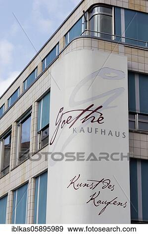 Stock Photo - Goethe's department store, facade with handwriting of Goethe, Weimar, Thuringia, Germany, Europe. Fotosearch