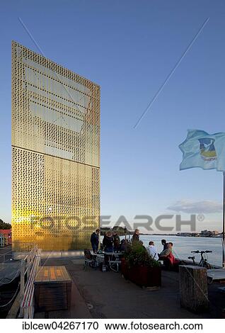 Stock Image - Golden Pavilion of Arts and Culture with Elbparkbrucke bridge, Elbpark Entenwerder, Rothenburgsort, Hamburg. Fotosearch