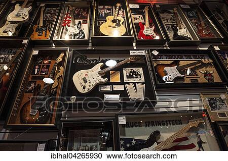 Stock Image - Guitars with autographs of various famous musicians, Caesars Palace, Las Vegas, Nevada, USA, North America. Fotosearch