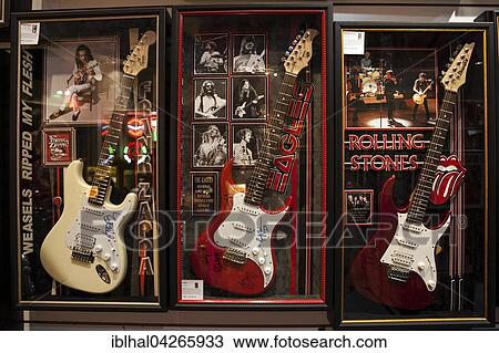 Stock Image - Guitars with autographs of various famous musicians, Caesars Palace, Las Vegas, Nevada, USA, North America. Fotosearch