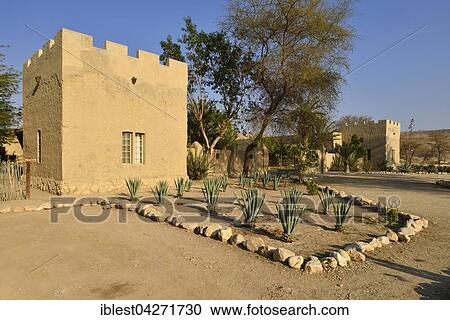 Stock Image - Historic german colonial fort of Sesfontein, Fort Sesfontein Lodge, Hoanib River, Kaokoland, Kaokoveld, Kunene Province, Namibia, Africa. Fotosearch