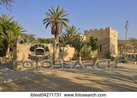 Stock Image - Historic german colonial fort of Sesfontein, Fort Sesfontein Lodge, Hoanib River, Kaokoland, Kaokoveld, Kunene Province, Namibia, Africa. Fotosearch