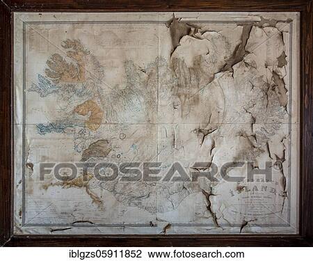 Stock Image - Historical map of Iceland in picture frame at Torfhof, Grenjadarstadur, Grenjaðarstaður, Þingeyjarsveit, Norðurland eystra, Iceland, Europe. Fotosearch