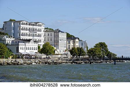 Stock Photo - Houses, Hotel Furstenhof on the lakeside promenade, with pier, spa architecture, Sassnitz, Rugen Island, Mecklenburg-Western Pomerania, Germany, Europe. Fotosearch