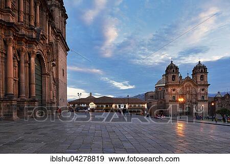 Stock Photo - Iglesia La Compania de Jesus, Cathedral on the left, Plaza de Armas, Cusco Province, Cusco Province, Peru, South America. Fotosearch