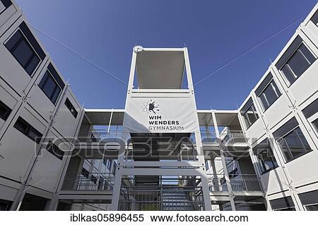 Stock Photography - Interim school building made of containers, Wim-Wenders-Gymnasium, Düsseldorf, North Rhine-Westphalia, Germany, Europe. Fotosearch