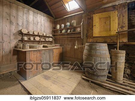 Stock Photo - Interior view of a butter production with butter barrel, butter tub, butter moulds on the wall on a peat farm, sod house settlement Grenjadarstadur, Grenjaðarstaður, Þingeyjarsveit, Norðurland eystra, Iceland, Europe. Fotosearch