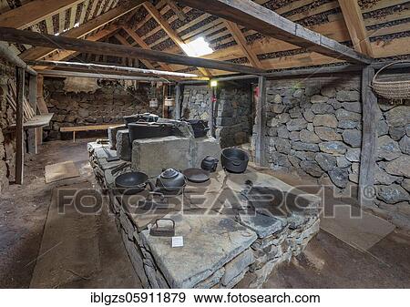 Interior view of pots and pans on an old fireplace in the back Hides on peat farm, turf house settlement Grenjadarstadur, Grenjaðarstaður, Þingeyjarsveit, Norðurland eystra, Iceland, Europe View Large Photo Image Stock Photo - Interior view of pots and pans on an old fireplace in the back Hides on peat farm, turf house settlement Grenjadarstadur, Grenjaðarstaður, Þingeyjarsveit, Norðurland eystra, Iceland, Europe. Fotosearch