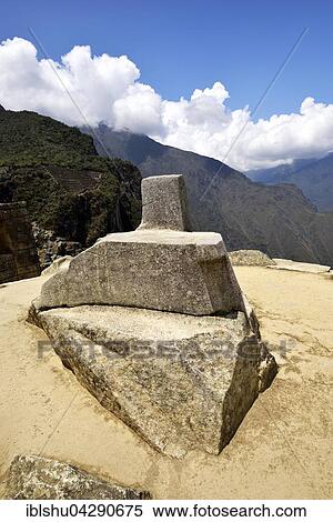 Stock Photography - Intihuatana, sundial, ruins, Inca city of Machu Picchu, UNESCO World Heritage Site, Urubamba, Cusco Province, Peru, South America. Fotosearch