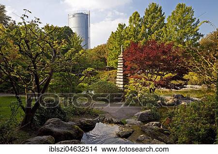 Picture - Japanese Garden with Post Tower, Rheinaue, Bonn, North Rhine-Westphalia, Germany, Europe. Fotosearch