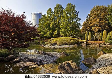 Stock Photo - Japanese Garden with Post Tower, Rheinaue, Bonn, North Rhine-Westphalia, Germany, Europe. Fotosearch