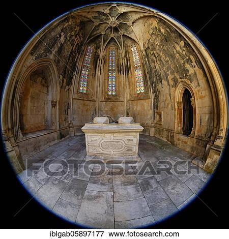 Stock Photo - King Duarte and Queen Leonor de Aragon Grave, Imperfect or Unfinished Chapels, Dominican Monastery of Batalha or Saint Mary of the Victory Monastery, Batalha, Leiria district, Portugal, Europe. Fotosearch