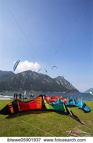 Stock Photo - Kitesurfer at Lake Lake Traun in Ebensee, Salzkammergut, Upper Austria, Austria, Europe. Fotosearch