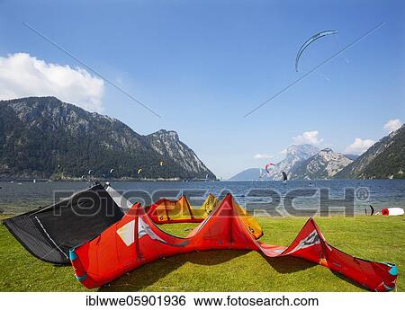 Stock Photograph - Kitesurfer at Lake Lake Traun in Ebensee, Salzkammergut, Upper Austria, Austria, Europe. Fotosearch