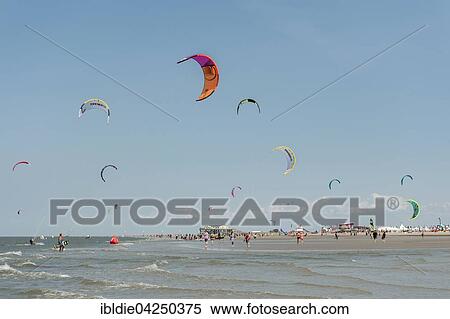 Stock Photography - Kitesurfers, Pringle Kitesurf World Cup, Sankt Peter-Ording, North Sea, North Frisia, Schleswig-Holstein, Germany, Europe. Fotosearch