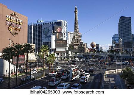 Stock Image - Las Vegas Boulevard South, The Strip, Las Vegas Strip, Paris Las Vegas Hotel behind, Eiffel Tower replica, Las Vegas, Nevada, USA, North America. Fotosearch