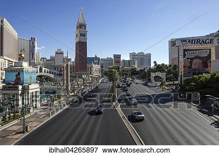 Stock Photo - Las Vegas Boulevard South, The Strip, Las Vegas Strip, The Venetian Hotel left, The Mirage Hotel right, Las Vegas, Nevada, USA, North America. Fotosearch