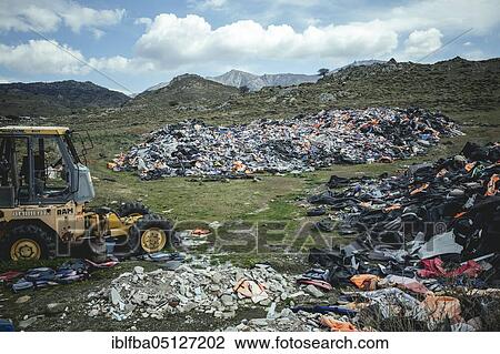 Life jackets at the waste disposal site near Molivos, Lesbos, Greece, Europe View Large Photo Image Stock Image - Life jackets at the waste disposal site near Molivos, Lesbos, Greece, Europe. Fotosearch