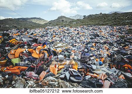 Life jackets at the waste disposal site near Molivos, Lesbos, Greece, Europe View Large Photo Image Stock Image - Life jackets at the waste disposal site near Molivos, Lesbos, Greece, Europe. Fotosearch