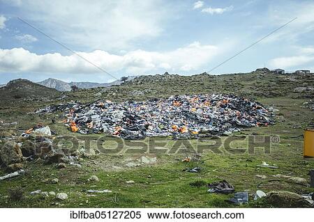 Stock Photography - Life jackets at the waste disposal site near Molivos, Lesbos, Greece, Europe. Fotosearch