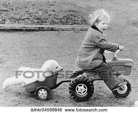 Stock Photograph - Little polar bear and girl with toy car, England, Great Britain. Fotosearch
