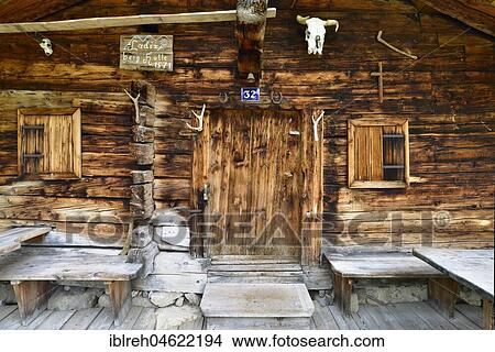Picture - Log cabin of the shepherd, Ladiz alp, Karwendel natural preserve, Tyrol, Austria, Europe. Fotosearch