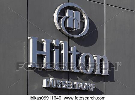 Stock Image - Logo Hilton Düsseldorf on the building, hotel, North Rhine-Westphalia, Germany, Europe. Fotosearch