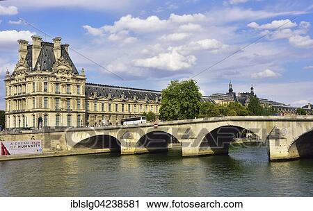 Stock Image - Louvre with bridge Le Pont Royale over river Seine, Paris, Ile de France, France, Europe. Fotosearch
