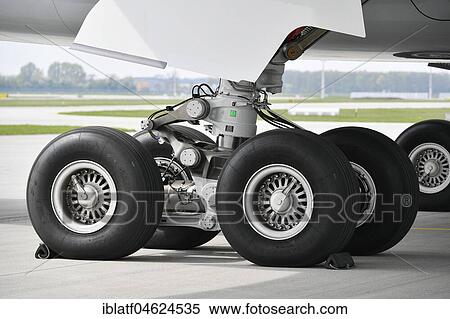 Stock Photography - Main landing gear, Lufthansa Airbus A350-900, Munich Airport, Upper Bavaria, Germany, Europe. Fotosearch