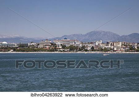 Stock Image - Many hotels on the east beach of Side, Turkish Riviera, Side Belediyesi, Antalya, Turkey, Asia. Fotosearch