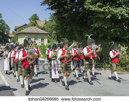 Stock Photography - Marching Band in parade on Customs Schlierseer Kirchtag, through the town, Schliersee, Bavaria, Germany, Europe. Fotosearch