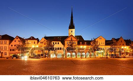 Stock Image - Market place with Johanneskirche, dusk, Saalfeld, Thuringia, Germany, Europe. Fotosearch