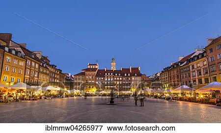 Stock Photo - Marketplace, restaurants, historic centre at dusk, Warsaw, Mazovia, Poland, Europe. Fotosearch