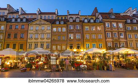 Stock Photo - Marketplace, restaurants, historic centre at dusk, Warsaw, Mazovia, Poland, Europe. Fotosearch