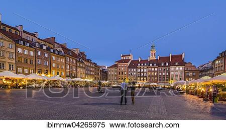 Stock Photography - Marketplace, restaurants, historic centre at dusk, Warsaw, Mazovia, Poland, Europe. Fotosearch